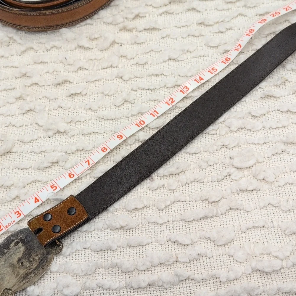 Vintage Western Cowboy Camel Leather Men's Belt Nickel Silver Bronco Buckle